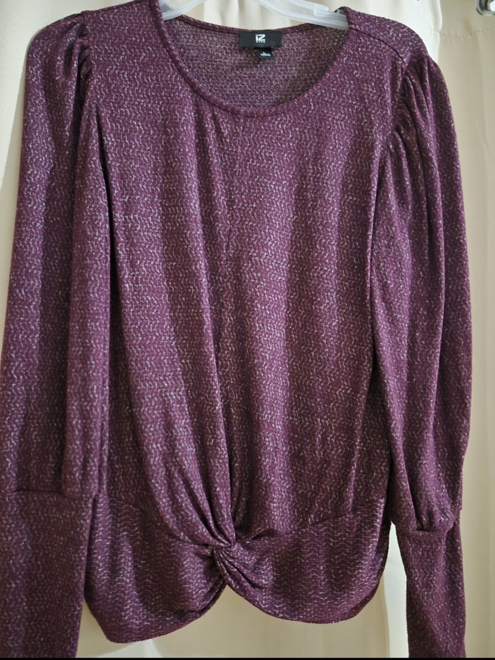 Iz Byer Plum Twist-Front Long Sleeve Top with Puff Shoulders